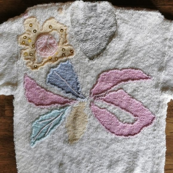 Vintage 80s Cottage Core White Pastel Sweater Large - Picture 3 of 8